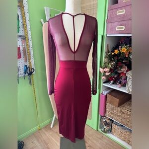 Burgundy Sheer Top Long Sleeve Dress